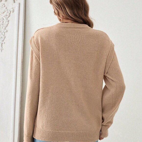 Khaki Casual Women's Solid Color 2 In 1 Sweater - Picture 3 of 6